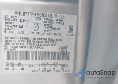 2001 Ford Escape Xlt from USA, damaged, VIN 1FMYU03181KA73971